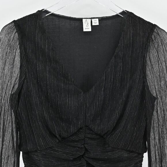JOIE Top Womens Size S Black Metallic‎ VNeck Gathered Blouse Semi Sheer Sleeves - Picture 2 of 12